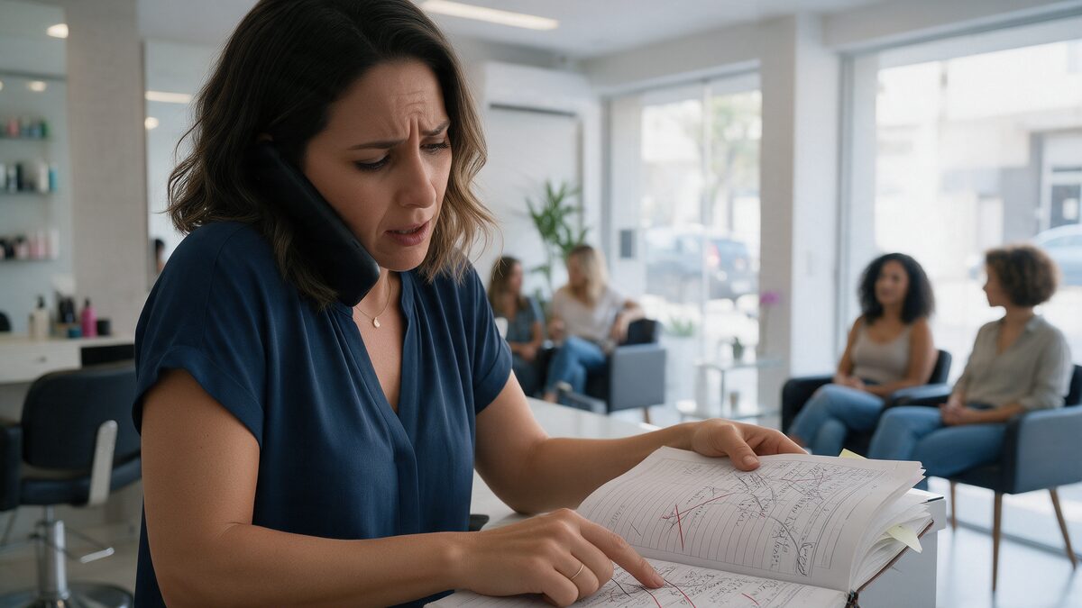 Dona de salão com o telefone no ombro, folheando um caderno de agendamentos cheio de rasuras